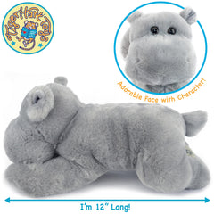 TigerHart Huck the Hippo plush measures 12 inches for portable comfort.