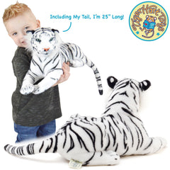 TigerHart Saphed White Tiger plush head close-up showing detailed fur pattern.