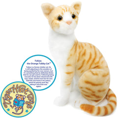 TigerHart Tobias orange tabby plush top view illustrating compact 9 by 6.5 by 12.5 inch size for hugs.