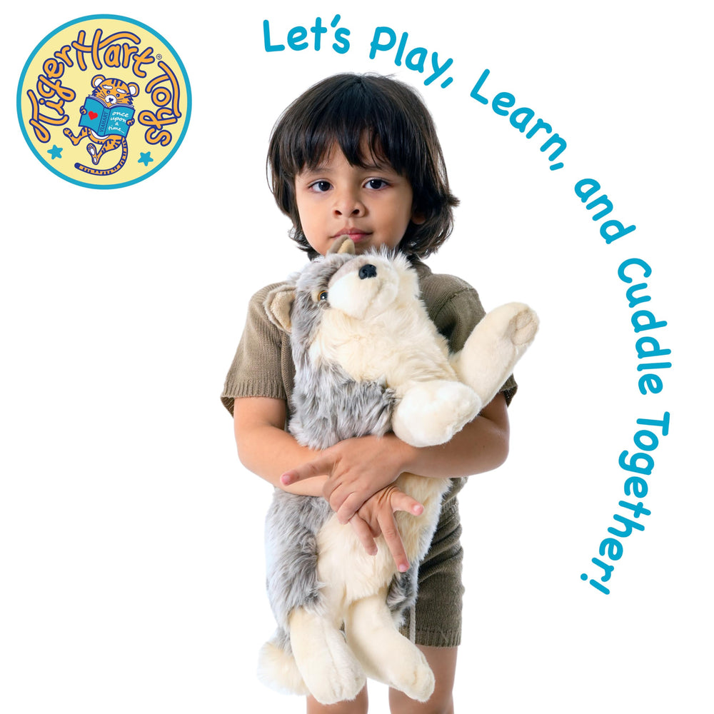 TigerHart Whitaker Wolf plush with soft fabric invites comforting hugs.