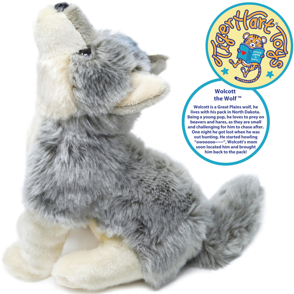 TigerHart Wolcott Wolf plush uses durable polyester and acrylic fabrics.