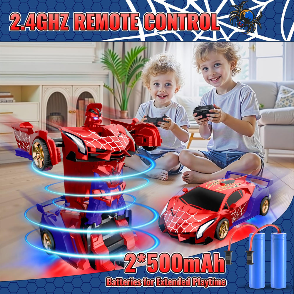 TIKAFONY Spider Transform RC Car includes two rechargeable batteries for extended play