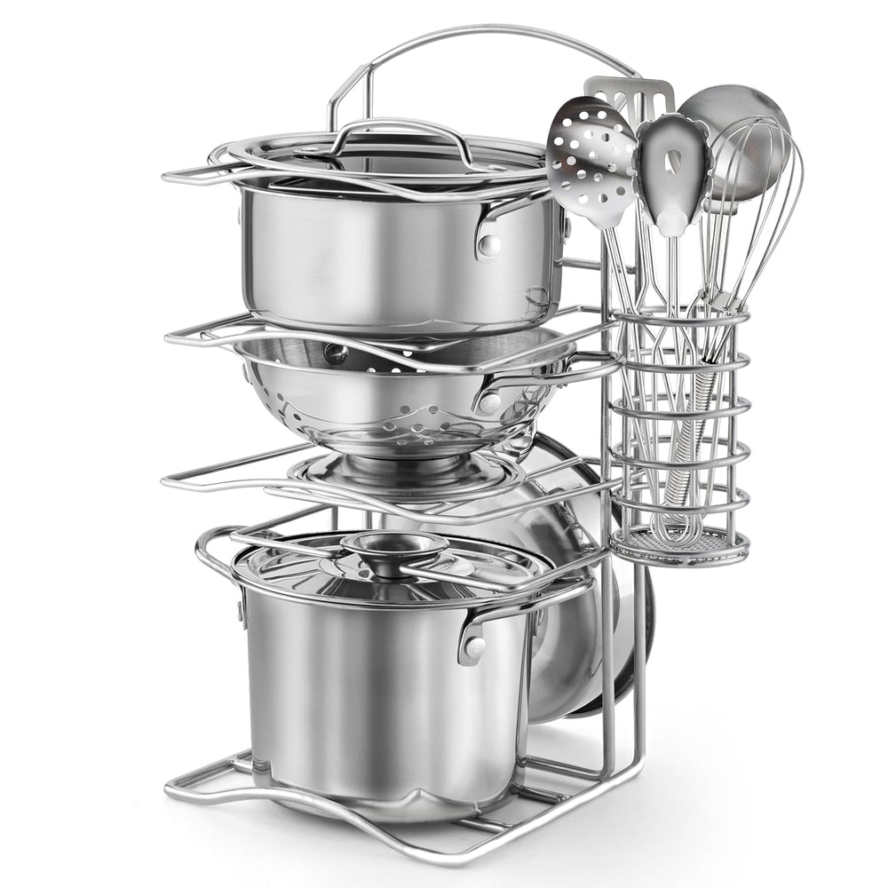 TikOnsYol 12Pcs kid kitchen set with rack, ideal for imaginative play and organized storage.