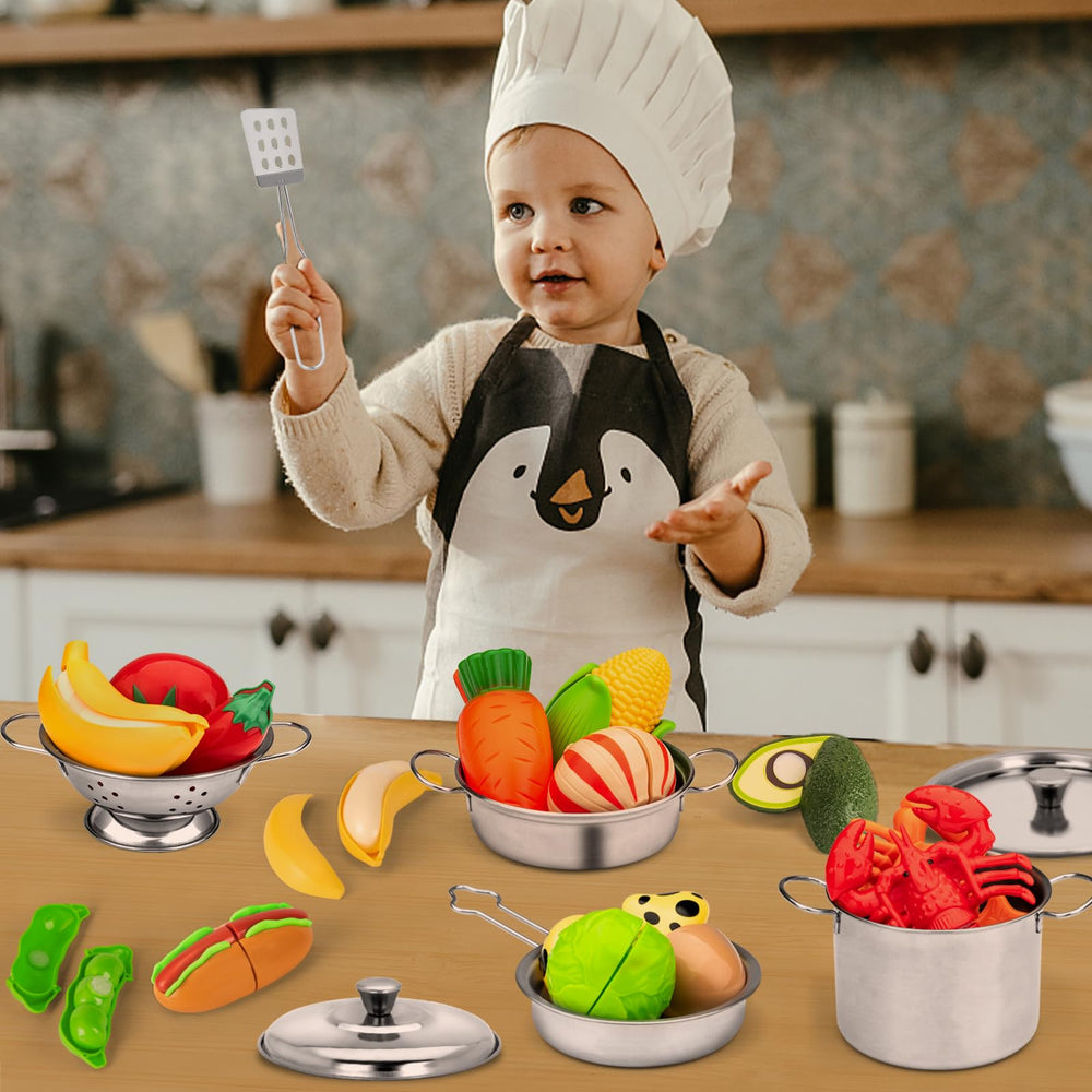 TikOnsYol kids imagining cooking with pots and pans in a play kitchen