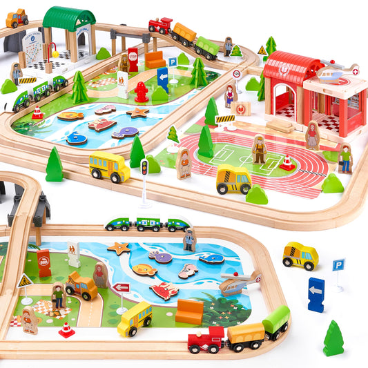 TikTiles wooden train set 175 pieces arranged for imaginative play