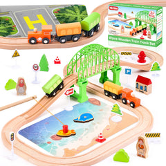 TikTiles wooden train set with 61-piece track fosters imaginative play and early engineering skills.