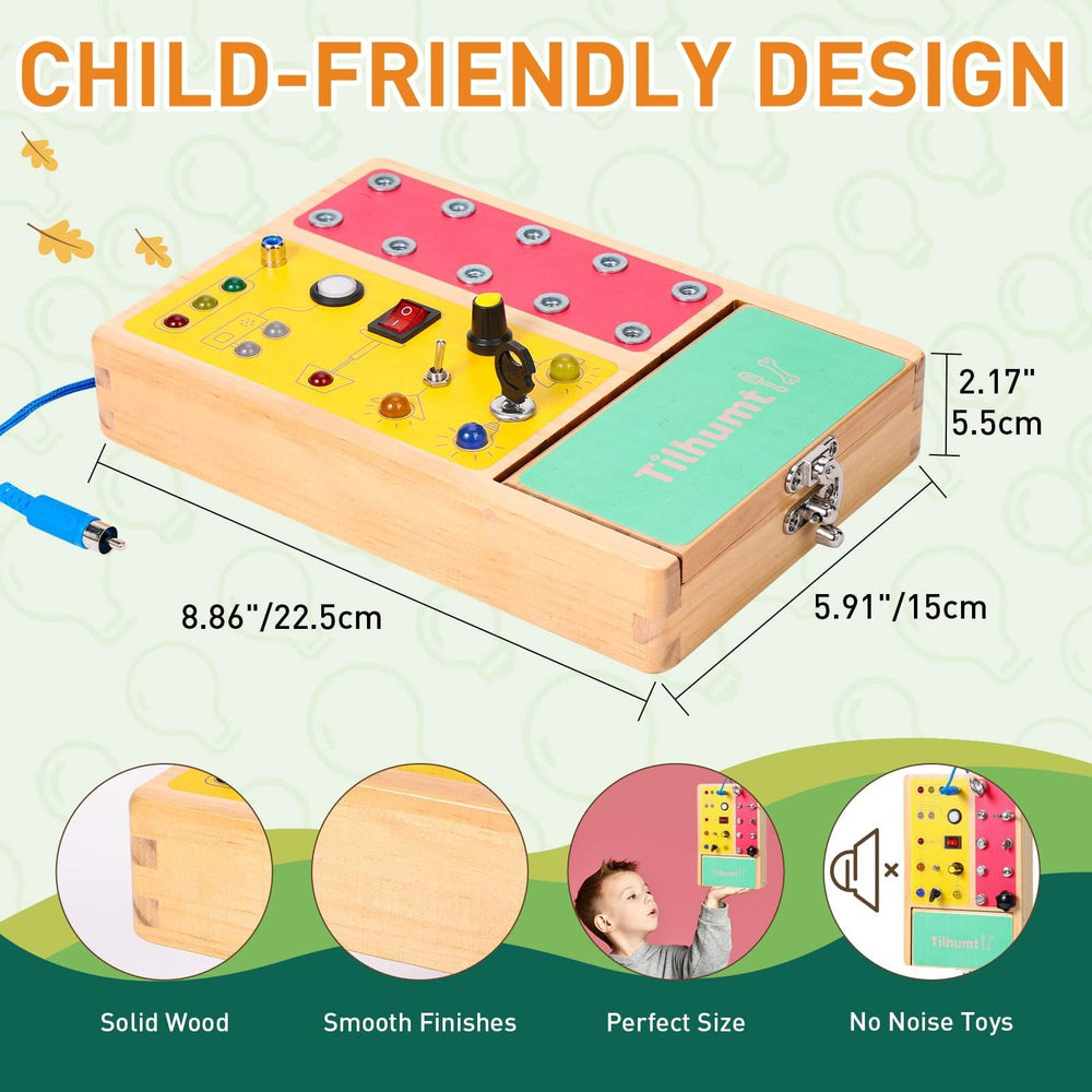 Tilhumt busy board buttons and dials support color learning and independent play.
