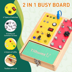 Tilhumt busy board with LEDs delivers visual feedback during activities.