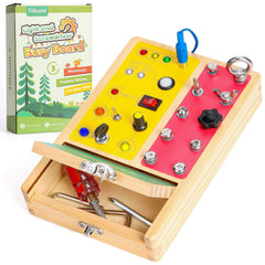 Tilhumt busy board with LED switches boosts fine motor exploration and color recognition.