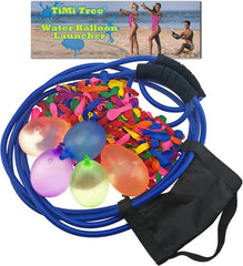 Three-person water fight using the TiMi Tree launcher outdoors.