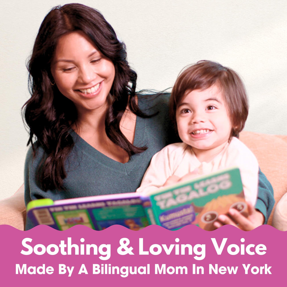 A mom's calm singing voice in Tin Tin Learns Tagalog engages babies.