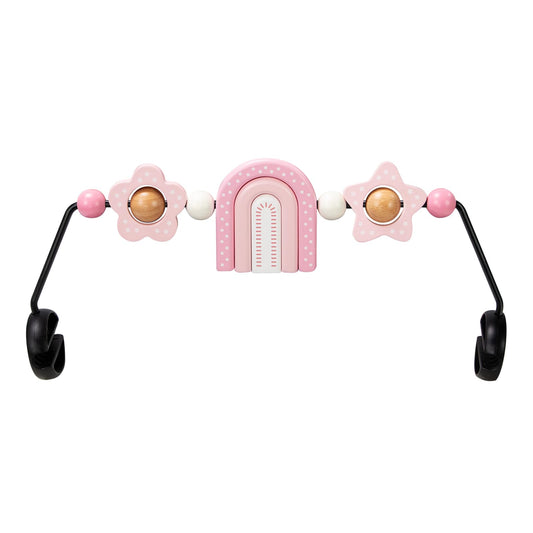 TinlyFinly wooden bouncer toy bar on a Baby Bjorn with pink rainbow visuals for baby playtime