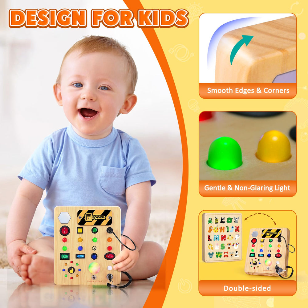 Buttons and switches on the Busy Board foster fine motor skills during play.