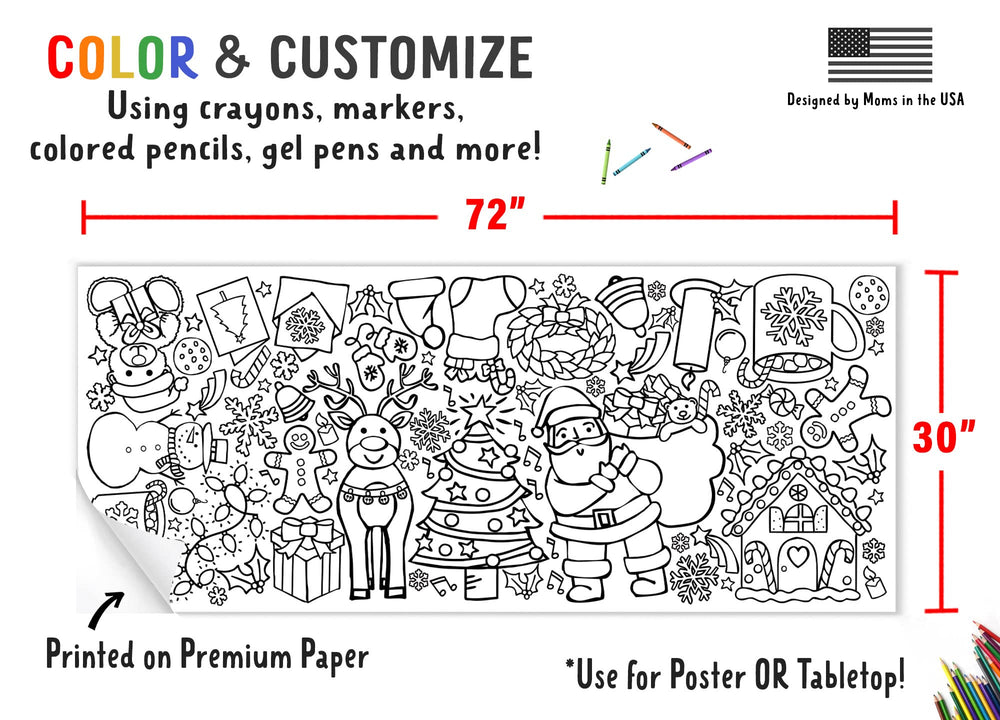Tiny Expressions Christmas coloring tablecloth invites kids to color together.