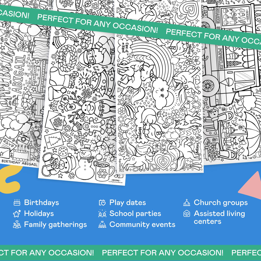 Tiny Expressions winter coloring poster serves as a tabletop runner.