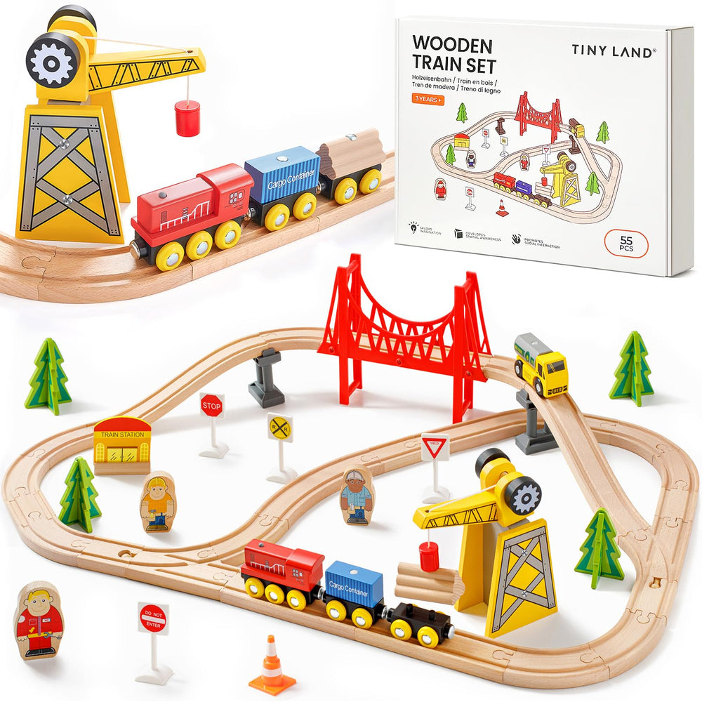 Tiny Land 55PCS wooden train set crane in action, engaging kids in pretend play