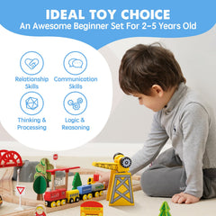Tiny Land family play session with the wooden train set used for cooperative building