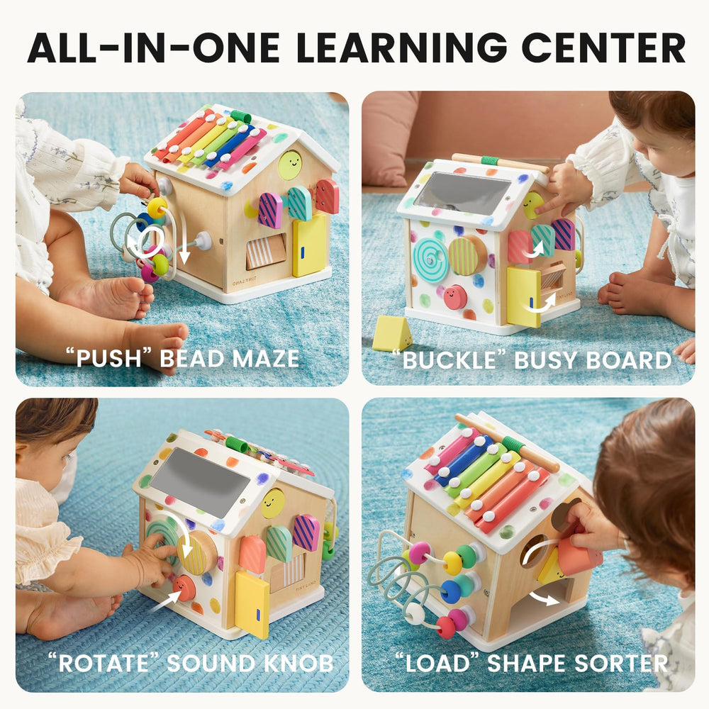 Tiny Land 9-in-1 cube baby-safe mirror invites self-awareness exploration.