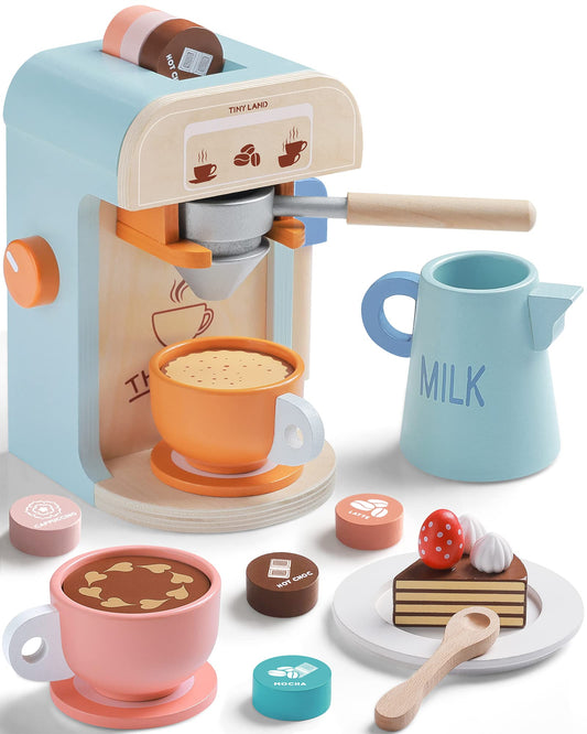 Tiny Land coffee maker set wooden with bright colors for imaginative play and pretend barista fun