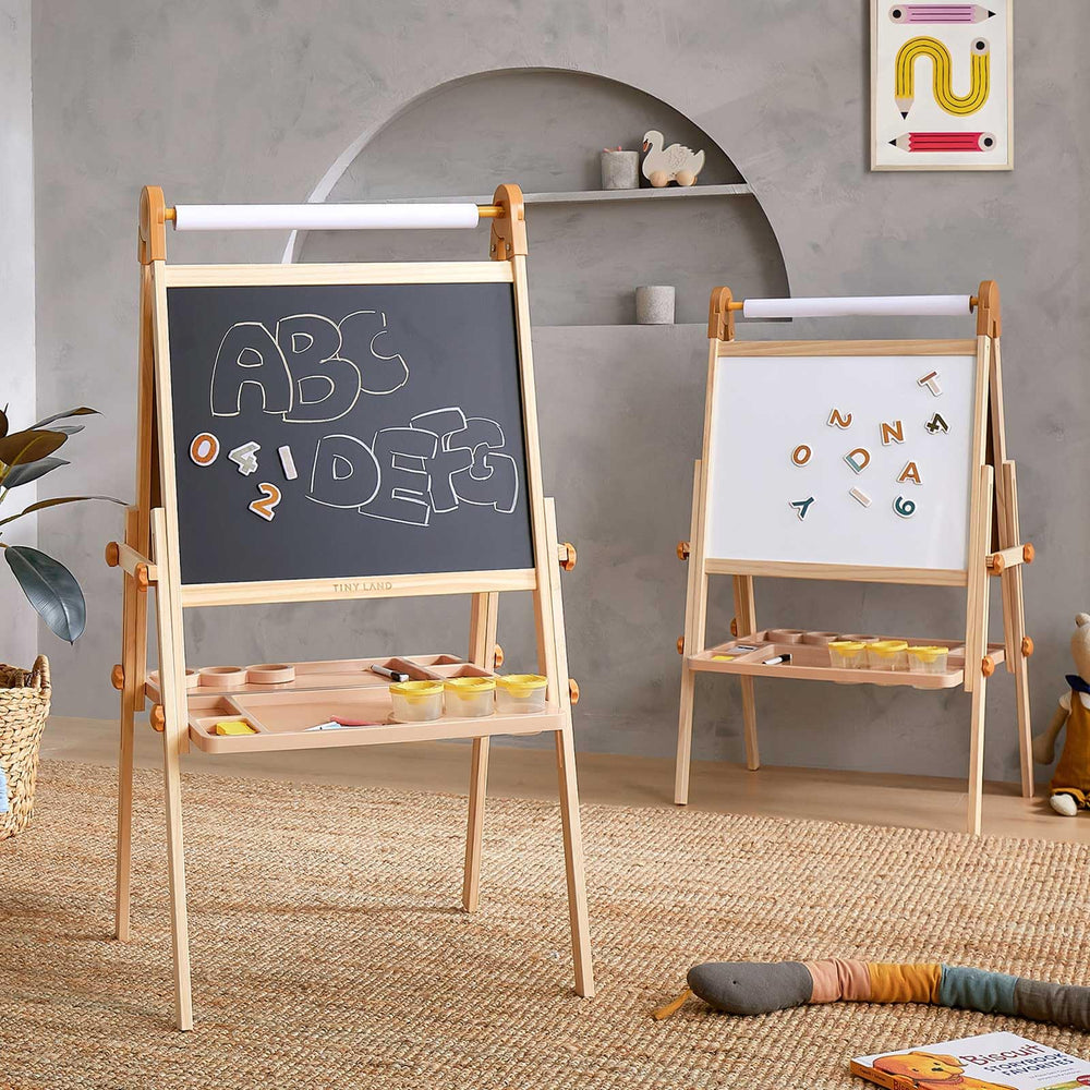 Tiny Land double-sided magnetic easel for kid-friendly drawing and learning.