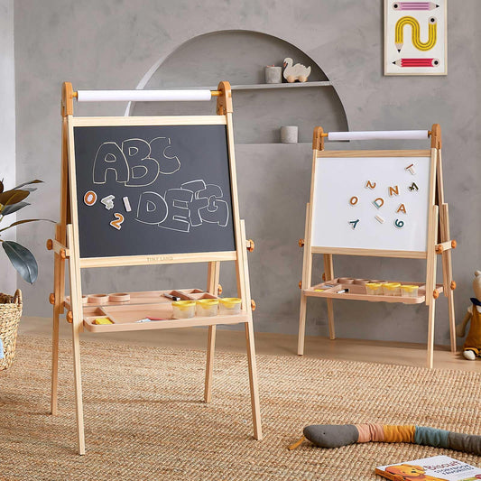 Tiny Land double-sided magnetic easel for kid-friendly drawing and learning.