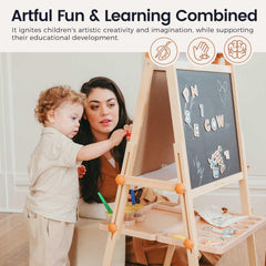 Dust-free chalk and magnetic surfaces encourage mess-free creativity.