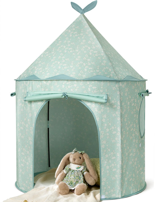 Tiny Land Kids Play Tent green pop-up inside view; ideal for shared indoor play.