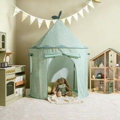 Tiny Land Play Tent rolled-up door; convenient opening for cozy entries.