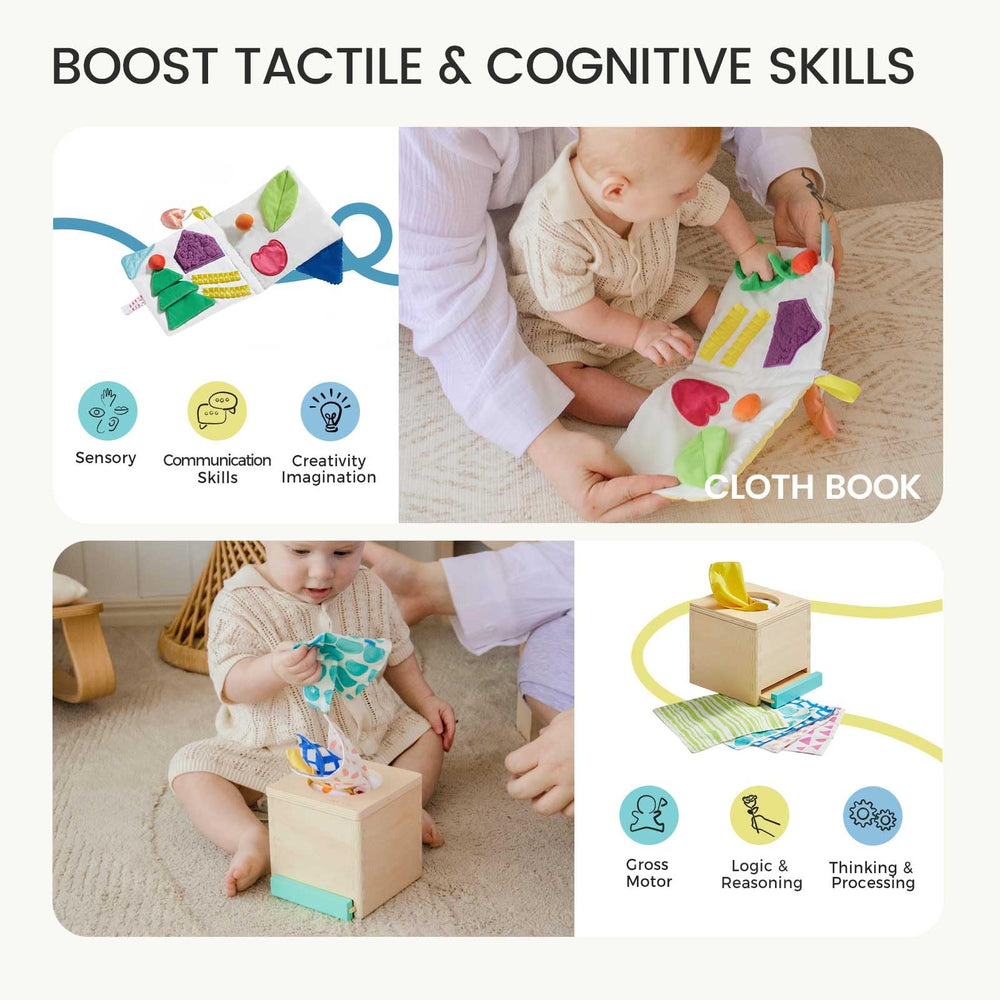 Tiny Land sensory fabric book offers varied textures and sounds for exploration.