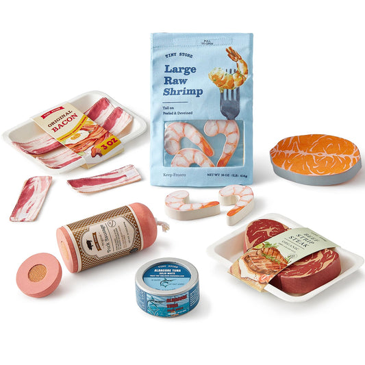 Tiny Land Organic Play Food shrimp with realistic packaging for imaginative kitchen play.