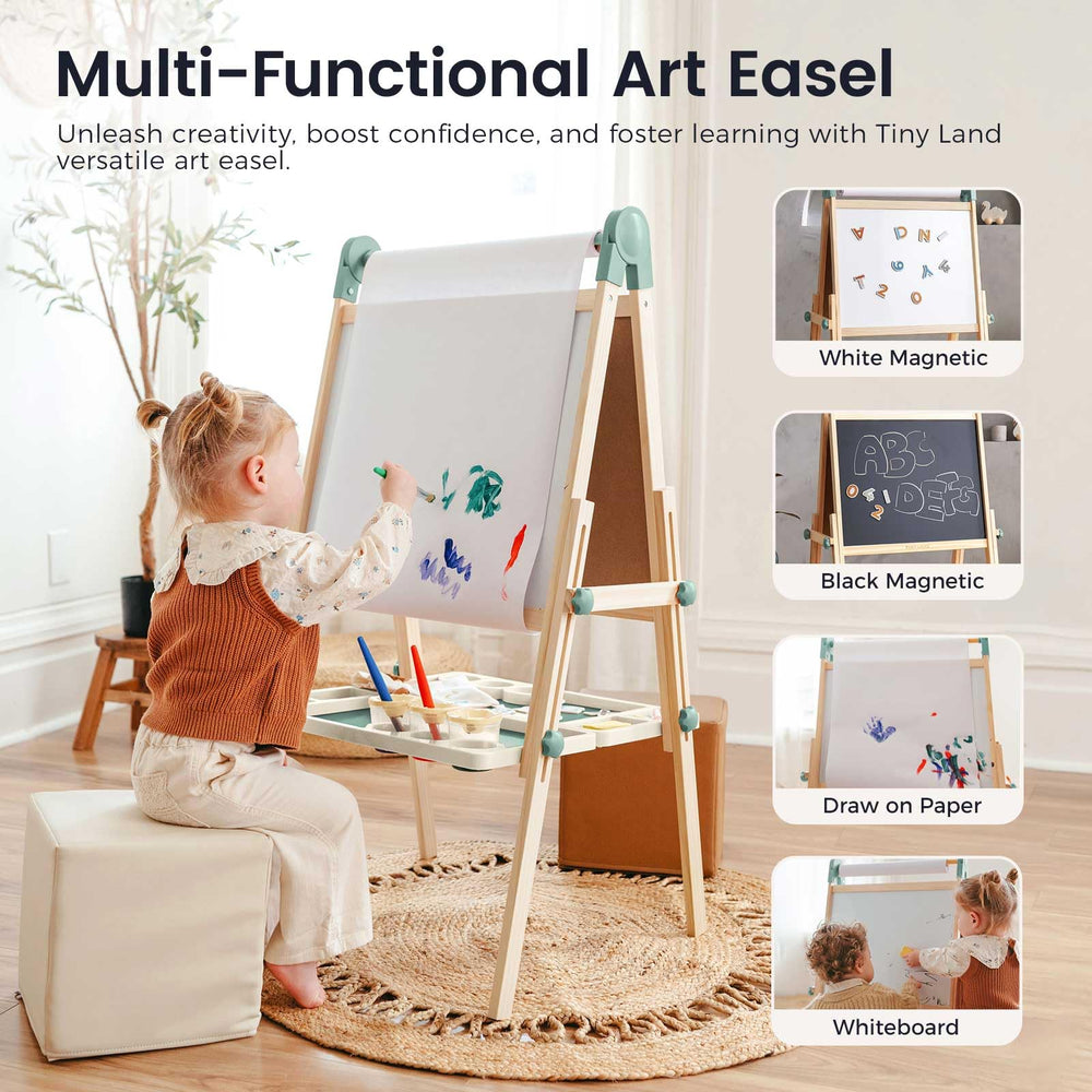 Wooden easel with paper roll ready for painting and drawing activities