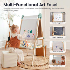 Wooden easel with paper roll ready for painting and drawing activities