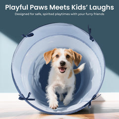 Tiny Land blue play tunnel with a portable carry bag for travel.