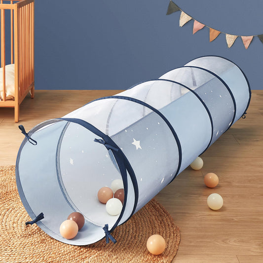 Tiny Land blue play tunnel folded for compact storage and portability.