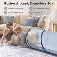 Tiny Land blue play tunnel designed for kid crawling and exploration.