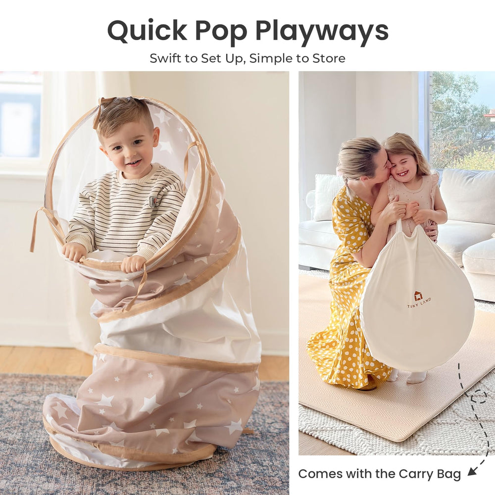 Tiny Land pop-up dog tunnel demonstrates quick assembly for indoor or outdoor fun