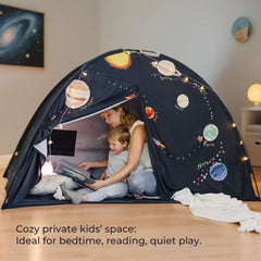 Tiny Land Space Galaxy Bed Tent quick-setup with fiberglass poles in minutes.