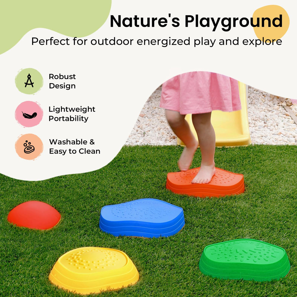 Child plays on Tiny Land rainbow stones to improve stepping and coordination.