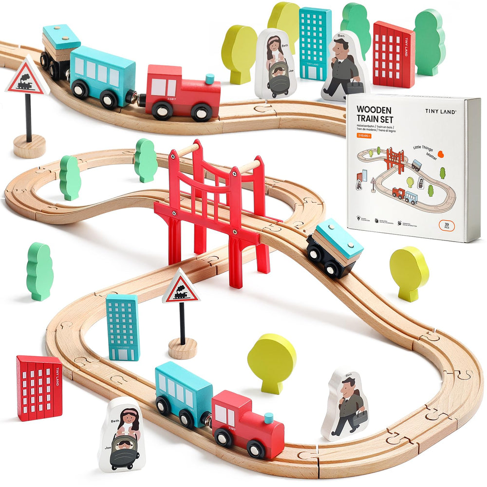 Tiny Land wooden train set close-up tracks show durable beech wood for safe play