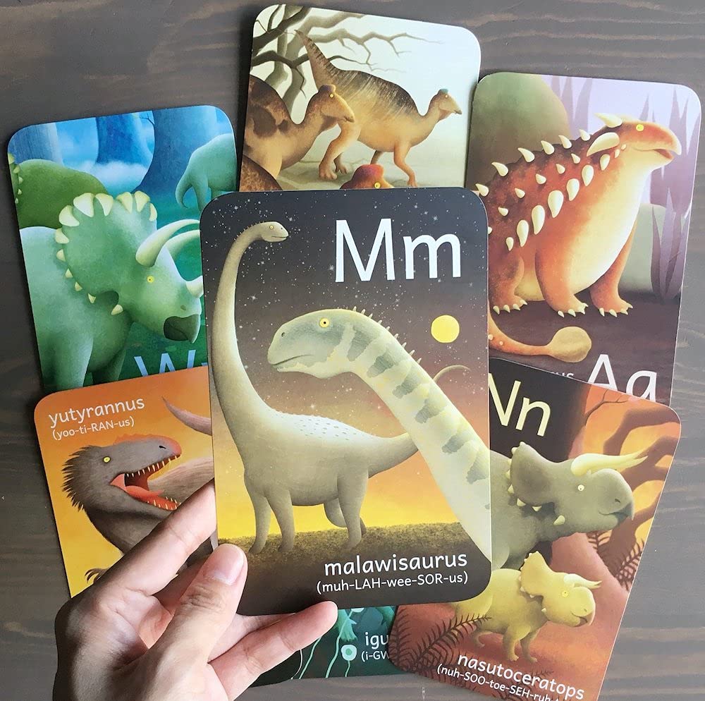 Tiny Worlds dinosaur alphabet card E with Edmontosaurus sparks curiosity