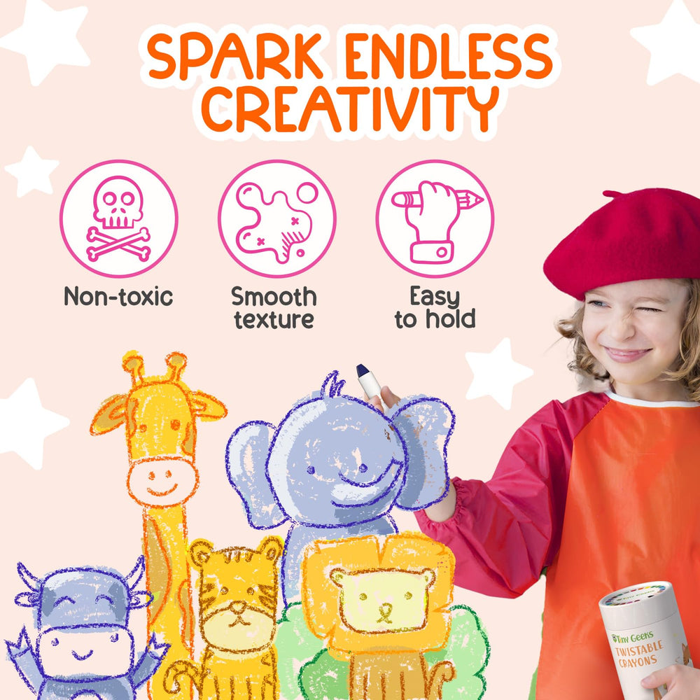 TinyGeeks washable crayons — mess-free cleanup on skin and fabrics after art time.