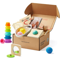 Tiny Land object permanence box fosters early cause-and-effect exploration for babies.