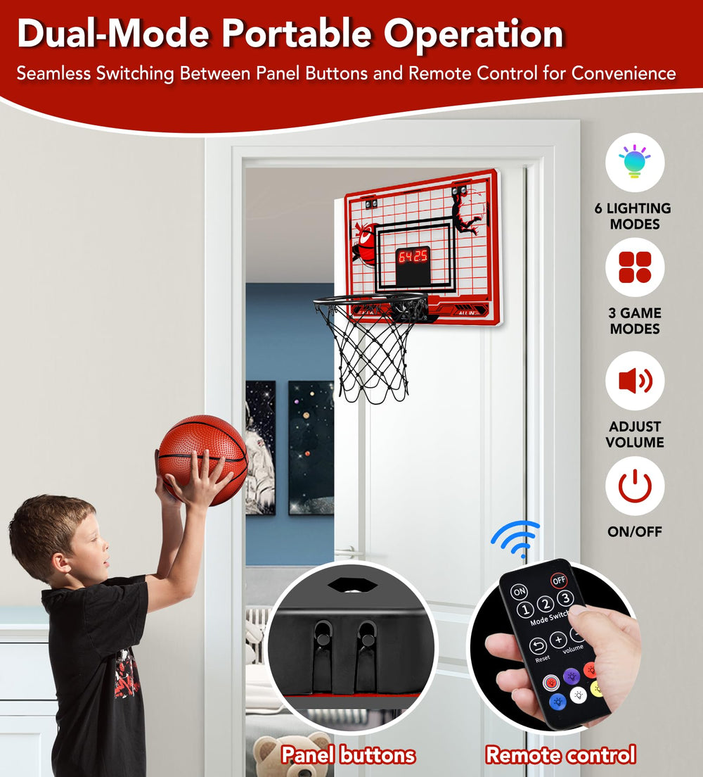 Tinytrek breakaway rim and backboard absorb dunks for safe indoor play.