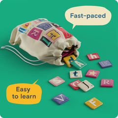 Tipsy Chicken Letterpool cards and tiles enabling fast wordplay.