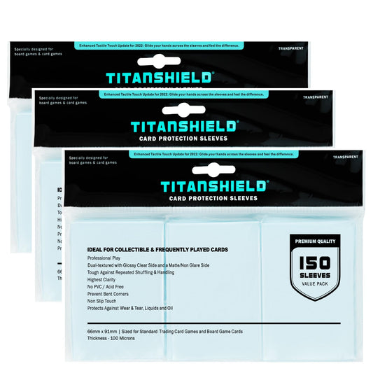 TitanShield Premium Card Sleeves 150-pack protecting a full deck.