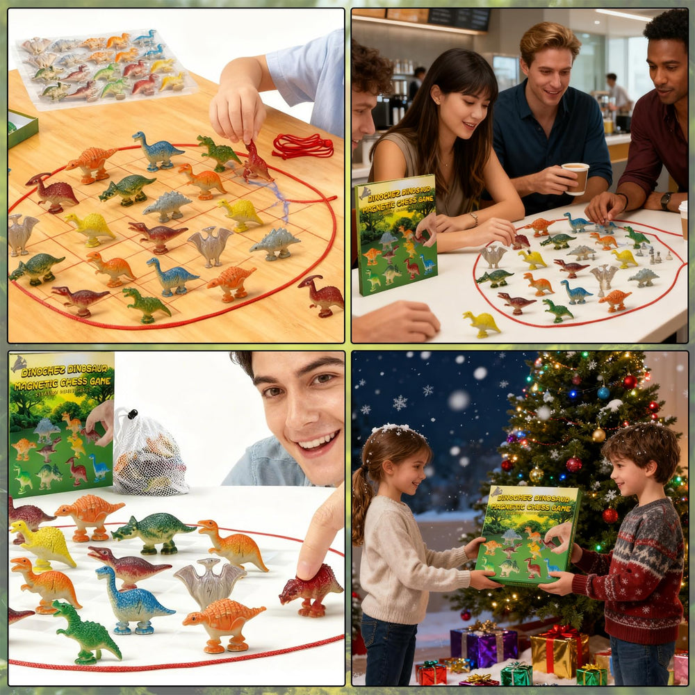 TitTees Dinochez dinosaur magnetic chess playset for indoor and outdoor fun.
