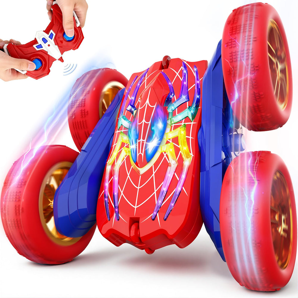 Tiyvnsi 360flip RC car with glowing eyes boosts nighttime racing fun indoors.