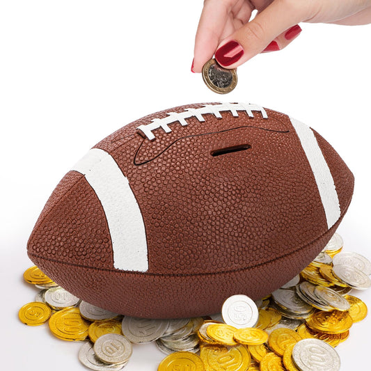 Tlence football piggy bank top view with realistic laces for sturdy coin storage.