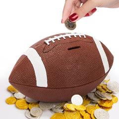Tlence football piggy bank top view with realistic laces for sturdy coin storage.