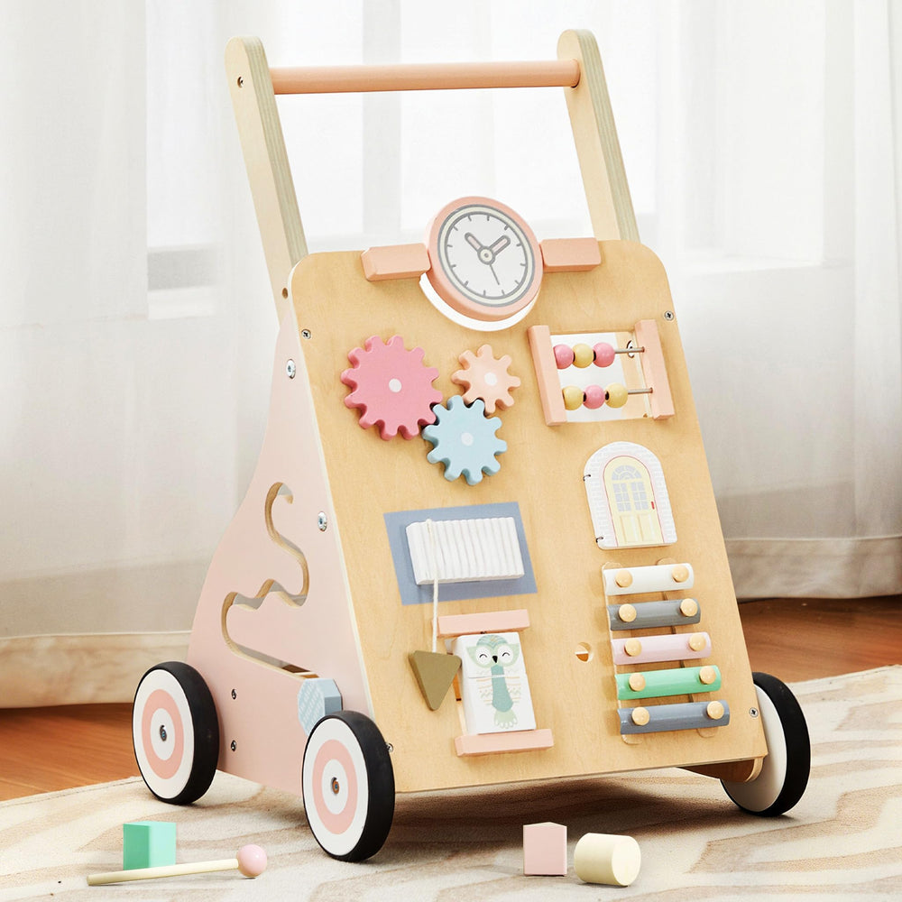 Tltaroni wooden baby walker panel for sensory exploration.